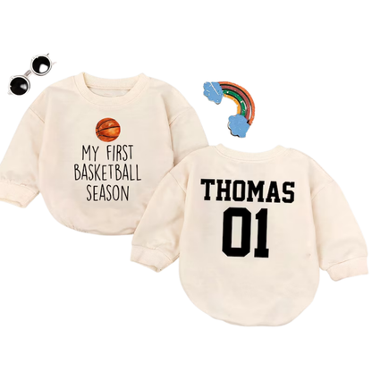 My First Basketball Season Custom Baby Romper Sweatshirt, Custom Basketball Baby Sweatshirt Romper BB0465