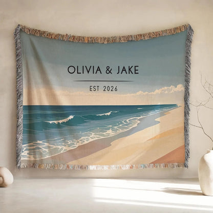 Custom Beach Wedding Woven Blanket With Couple & Date, Custom Beach Wedding Blanket For Couple WD0167