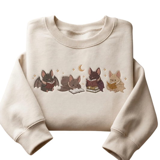 Bookish Bat Embroidered Sweatshirt For Women Men, Bat Reading Book Lover Sweatshirt 2D1131