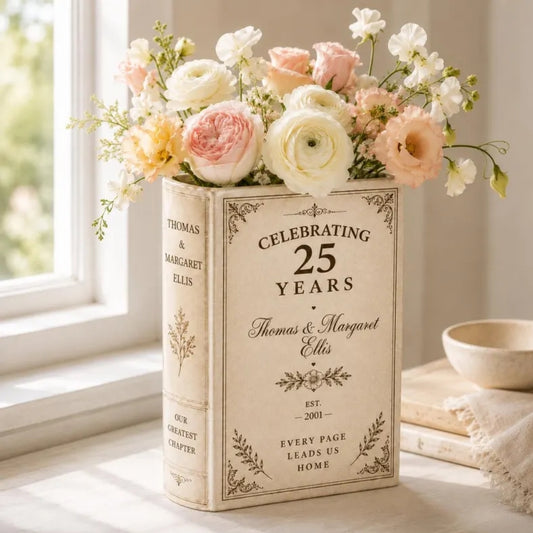 Celebrating 25 Years Custom Couple Name And Date Ceramic Book Vase, Custom Silver Wedding Anniversary Book Vase WD0982