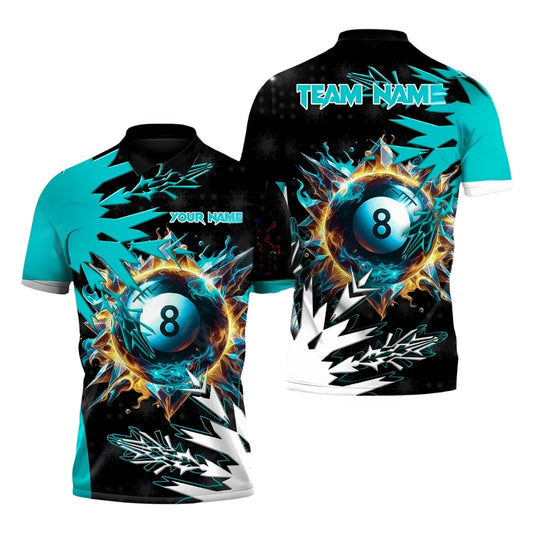 Custom Team Black And Cyan Frozen 8 Ball Billiard Polo Shirt For Men, Custom 8 Ball Billiard Team Shirts BIE0045