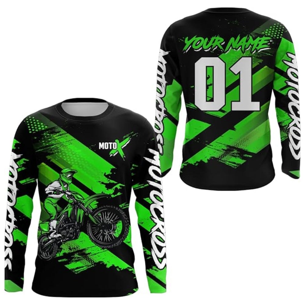 Custom Rider Motocross Black Green Long Sleeve Jersey Mens, Custom Racing Dirt Bike Jerseys MZ0100