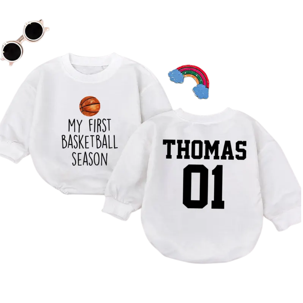 My First Basketball Season Custom Baby Romper Sweatshirt, Custom Basketball Baby Sweatshirt Romper BB0465