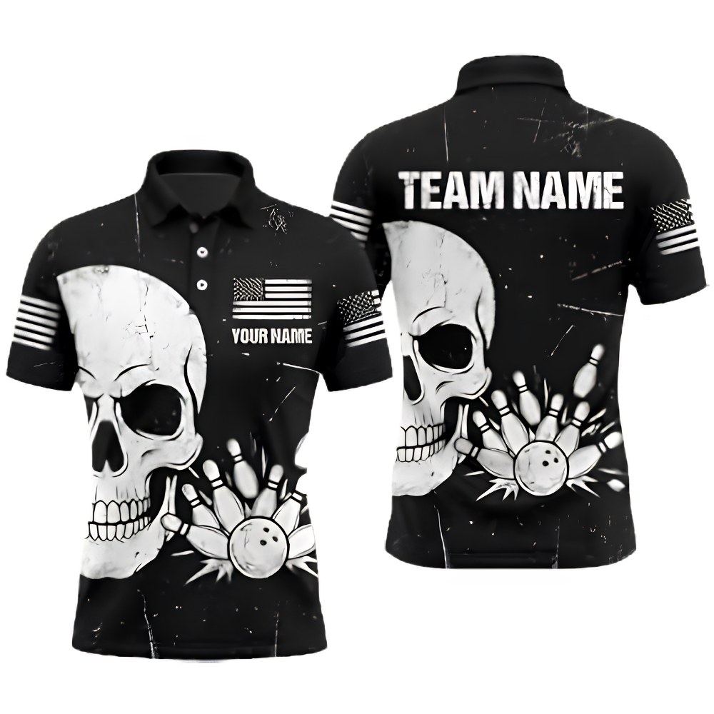 Custom Skull Black White Bowling Mens Polo Shirt, Custom Skull Bowling Team Shirt BZ0981