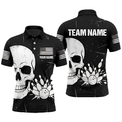 Custom Skull Black White Bowling Mens Polo Shirt, Custom Skull Bowling Team Shirt BZ0981