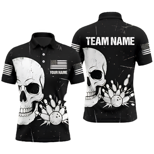 Custom Skull Black White Bowling Mens Polo Shirt, Custom Skull Bowling Team Shirt BZ0981