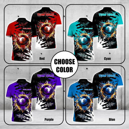 Custom Team Black And Cyan Frozen 8 Ball Billiard Polo Shirt For Men, Custom 8 Ball Billiard Team Shirts BIE0045