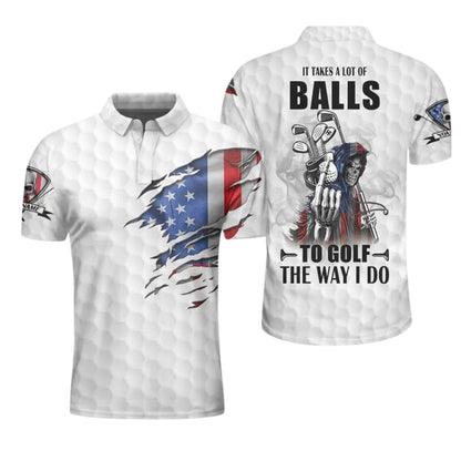 It Take A Lot Of Balls To Golf The Way I Do Custom USA Flag Skull Golf Polo Shirt For Men, Custom Patriotic Skull Golf Shirts GE0321