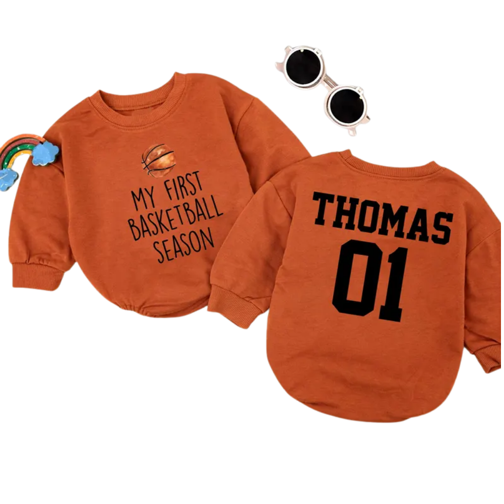 My First Basketball Season Custom Baby Romper Sweatshirt, Custom Basketball Baby Sweatshirt Romper BB0465