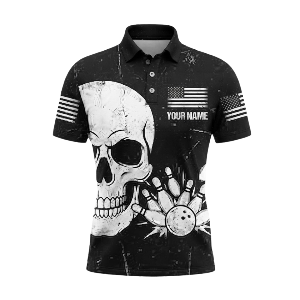 Custom Skull Black White Bowling Mens Polo Shirt, Custom Skull Bowling Team Shirt BZ0981