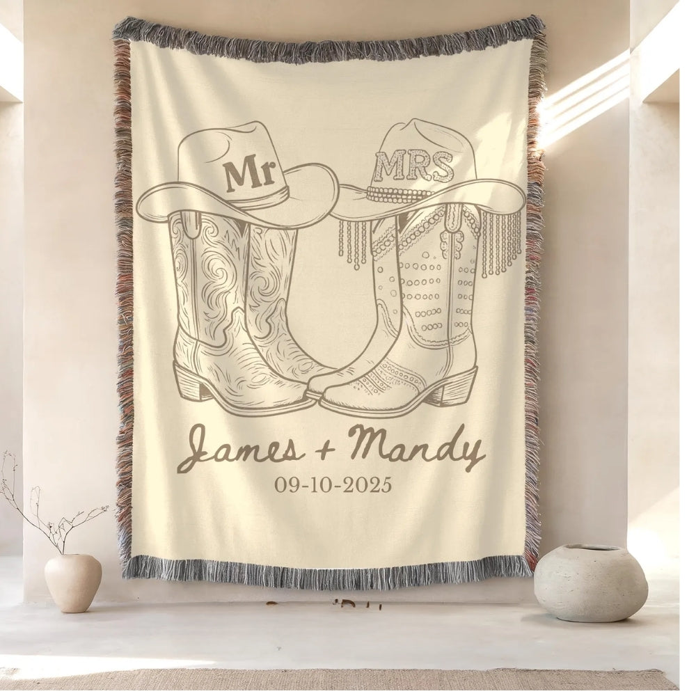 Personalized Mr Cowboy Mrs Cowgirl Boot Wedding Woven Blanket, Personalized Western Wedding Blanket WD0262