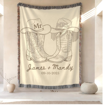 Personalized Mr Cowboy Mrs Cowgirl Boot Wedding Woven Blanket, Personalized Western Wedding Blanket WD0262