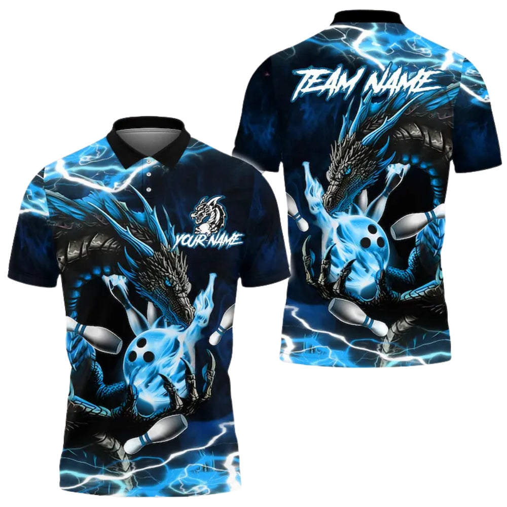 Custom Blue Dragon Thunder Bowling Polo Shirt Mens, Custom Dragon Bowling Shirts For Team BE0146