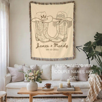 Personalized Mr Cowboy Mrs Cowgirl Boot Wedding Woven Blanket, Personalized Western Wedding Blanket WD0262