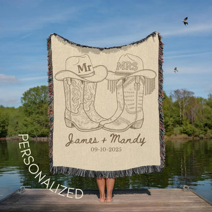 Personalized Mr Cowboy Mrs Cowgirl Boot Wedding Woven Blanket, Personalized Western Wedding Blanket WD0262