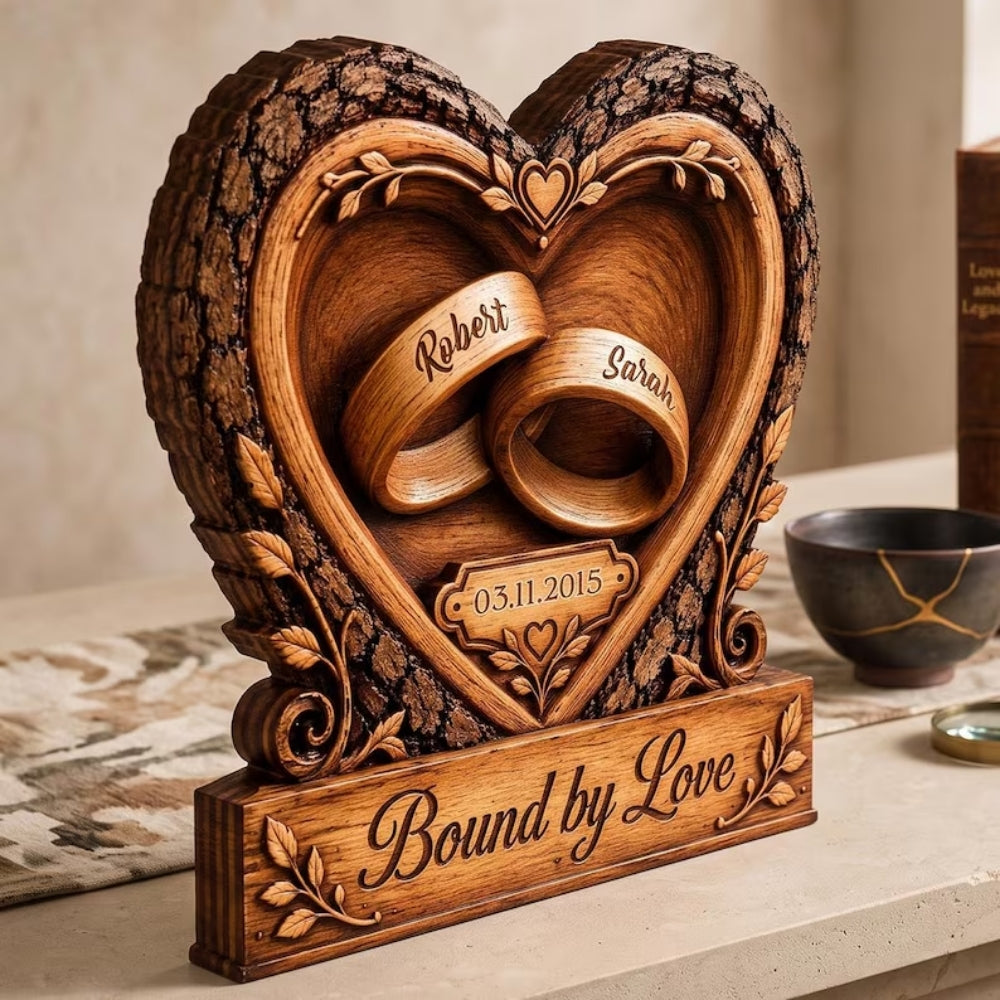 Bound By Love Personalized Couple Name And Date Layer Wooden Plaque, Custom Wedding Anniversary Wooden Block WD0881
