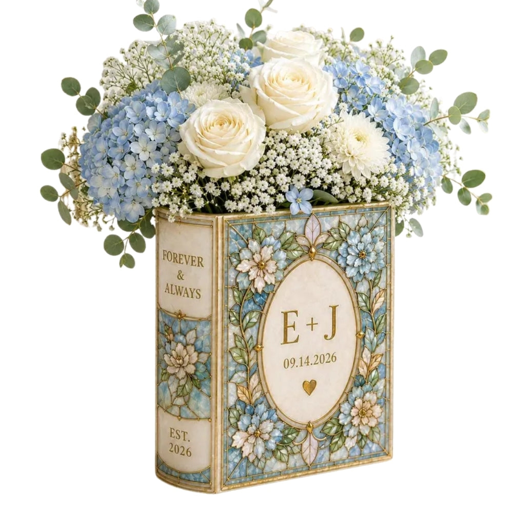 Personalized Floral Ceramic Book Vase For Wedding, Custom Wedding Vase WD0363