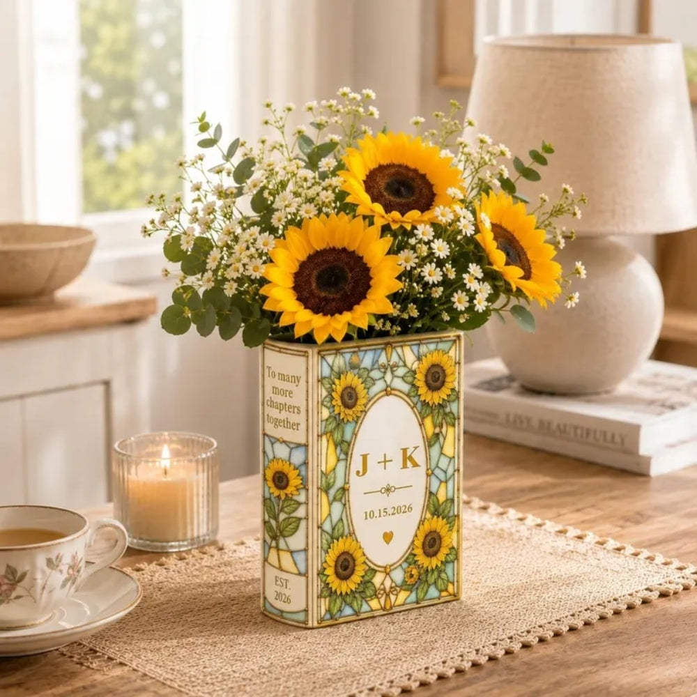 Personalized Sunflower Ceramic Book Vase For Couple, Custom Wedding Book Vase Sunflowers WD0983