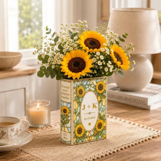 Personalized Sunflower Ceramic Book Vase For Couple, Custom Wedding Book Vase Sunflowers WD0983