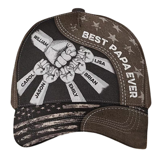 Best Papa Ever Custom Fist Bump Dad With Kid Names Baseball Cap, Custom Father's Day Hats Caps CP0226