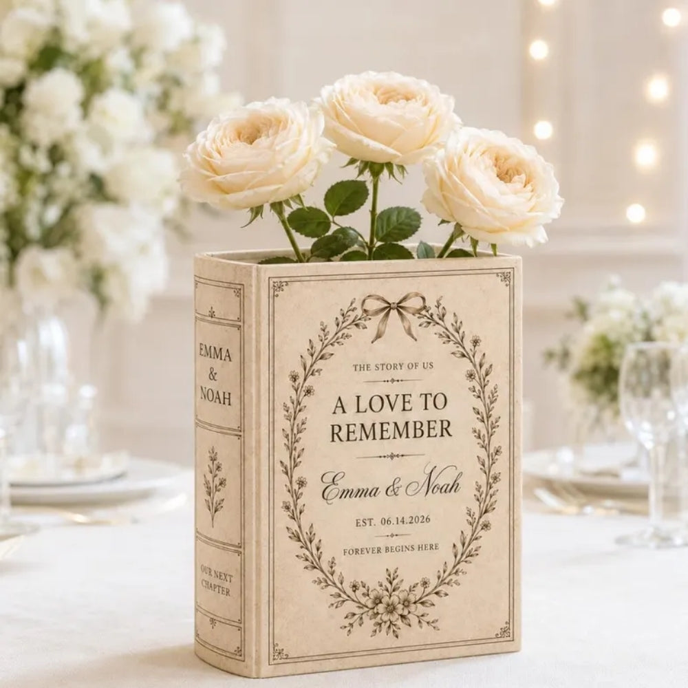 A Love To Remember Custom Couple Name And Date Ceramic Book Vase, Personalized Wedding Engagement Book Vase WD0984