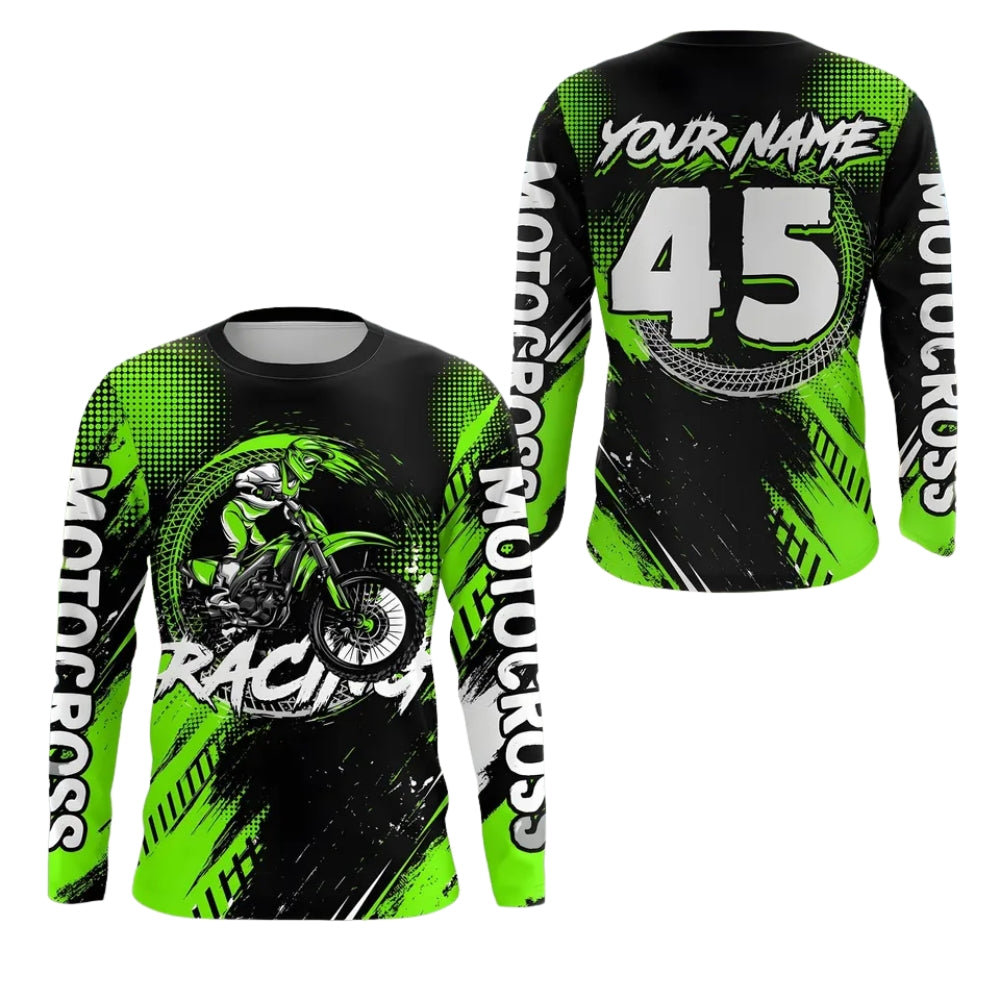 Custom Mens Racing Motocross Long Sleeve Jersey Green, Personalized Dirt Bike Shirts With Name Number MZ0101