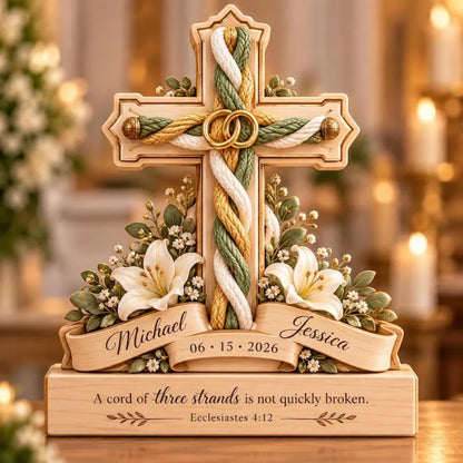 A Cord Of Three Strands Is Not Quickly Broken Custom Christian Wedding Layer Wooden Block, Custom Wedding Religious Wooden Plaque WD0882