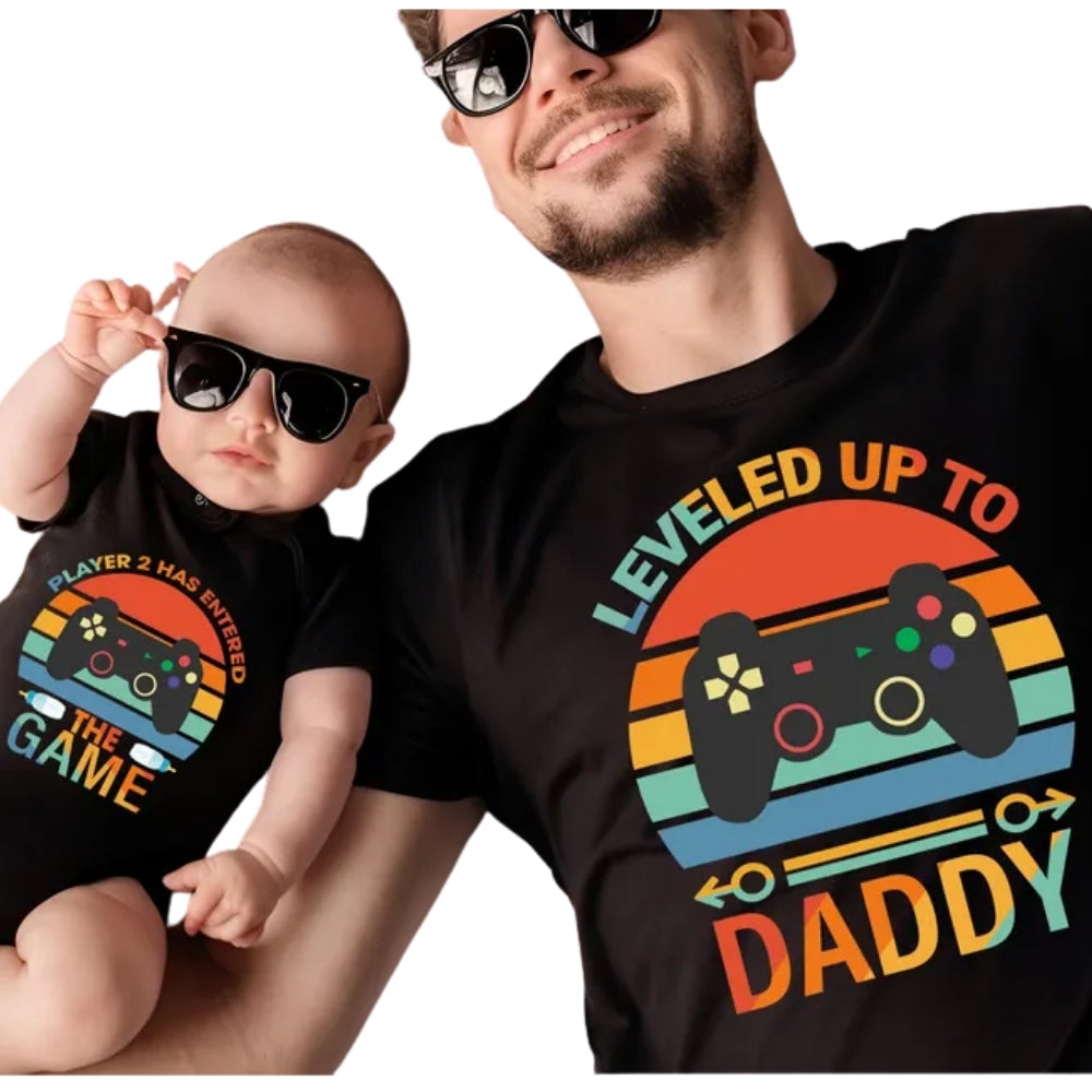 Leveled Up To Daddy Player 2 Has Entered The Game Matching Pregnancy Reveal T Shirt, New Dad Announcement Matching Dad Kids Shirts ET0973
