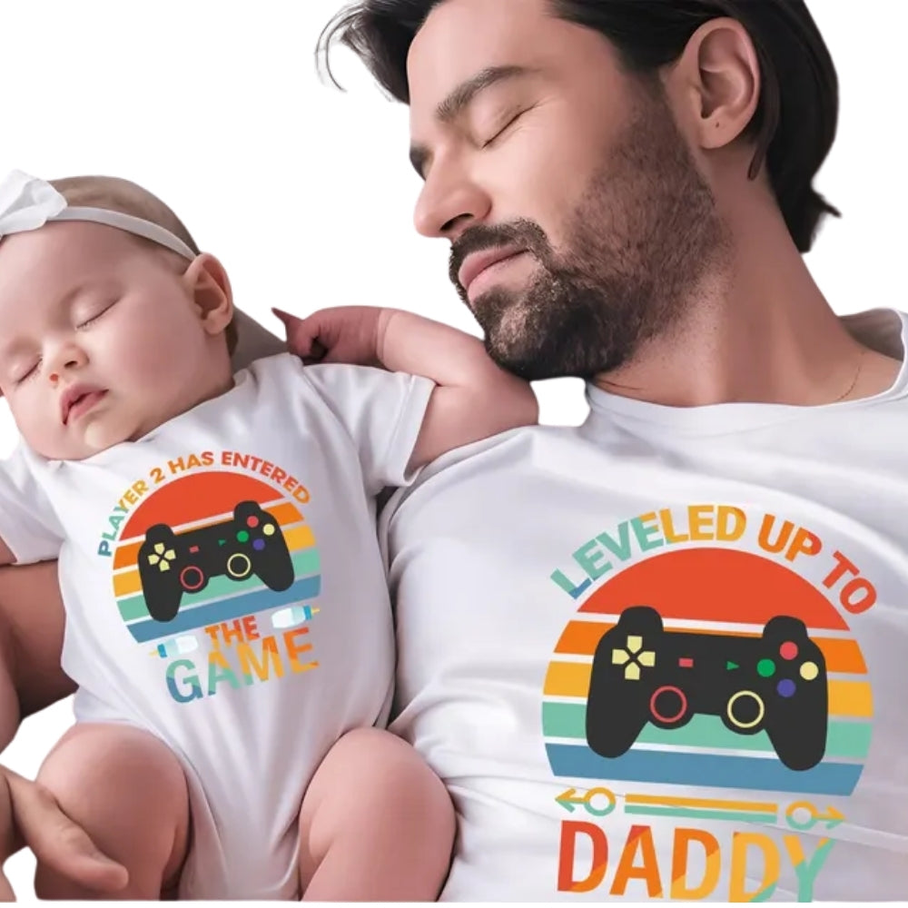 Leveled Up To Daddy Player 2 Has Entered The Game Matching Pregnancy Reveal T Shirt, New Dad Announcement Matching Dad Kids Shirts ET0973