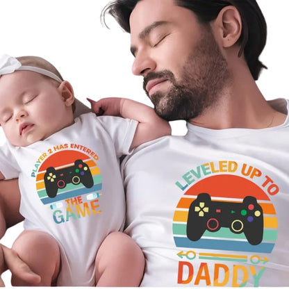 Leveled Up To Daddy Player 2 Has Entered The Game Matching Pregnancy Reveal T Shirt, New Dad Announcement Matching Dad Kids Shirts ET0973