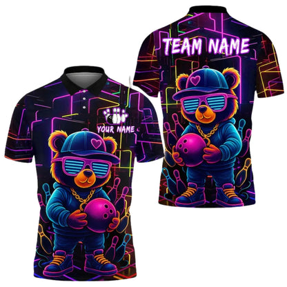 Custom Teddy Bear Neon Graffiti Bowling Polo Shirt For Men, Custom Bear Bowling Team Shirts BE0145