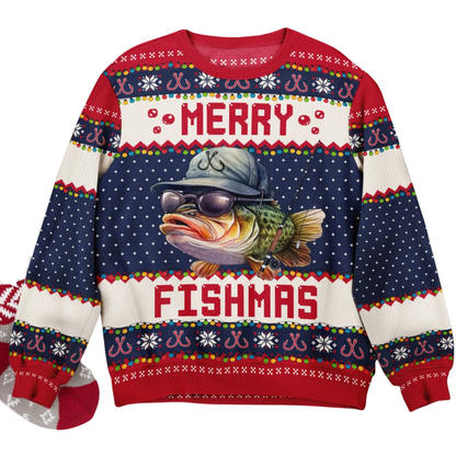 Merry Fishmas Custom Ugly Christmas Sweatshirt For Men, Custom Fishing Lover Sweater For Christmas 2D1076