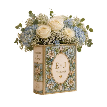 Personalized Floral Ceramic Book Vase For Wedding, Custom Wedding Vase WD0363