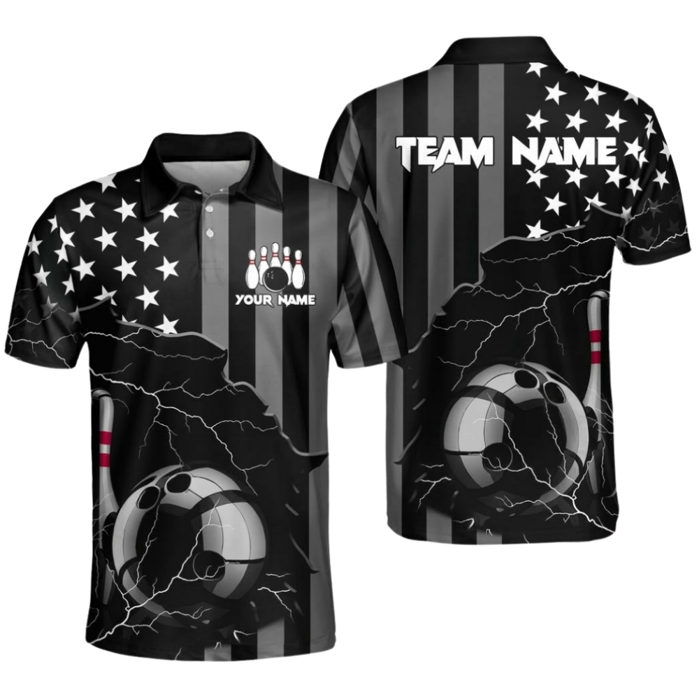 American Flag Custom Black Bowling Polo Shirt For Men, Custom Patriotic Bowling Team Shirt BZ0982