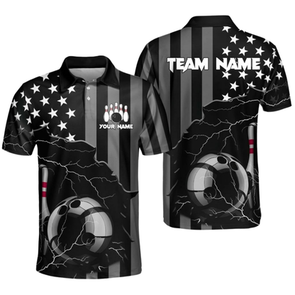 American Flag Custom Black Bowling Polo Shirt For Men, Custom Patriotic Bowling Team Shirt BZ0982