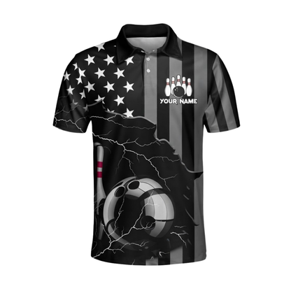 American Flag Custom Black Bowling Polo Shirt For Men, Custom Patriotic Bowling Team Shirt BZ0982