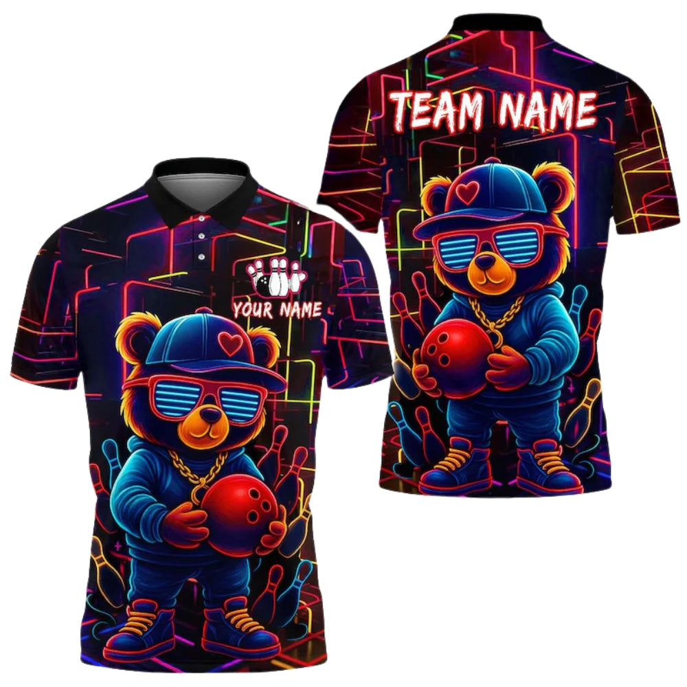 Custom Teddy Bear Neon Graffiti Bowling Polo Shirt For Men, Custom Bear Bowling Team Shirts BE0145