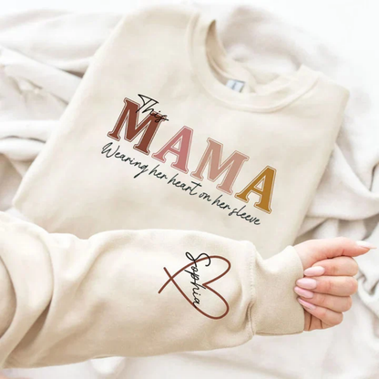 This Mama Wears Her Heart On Her Sleeve Custom Kids Names Sweatshirt For Mom, Personalized Mama Sweatshirt 2D1010