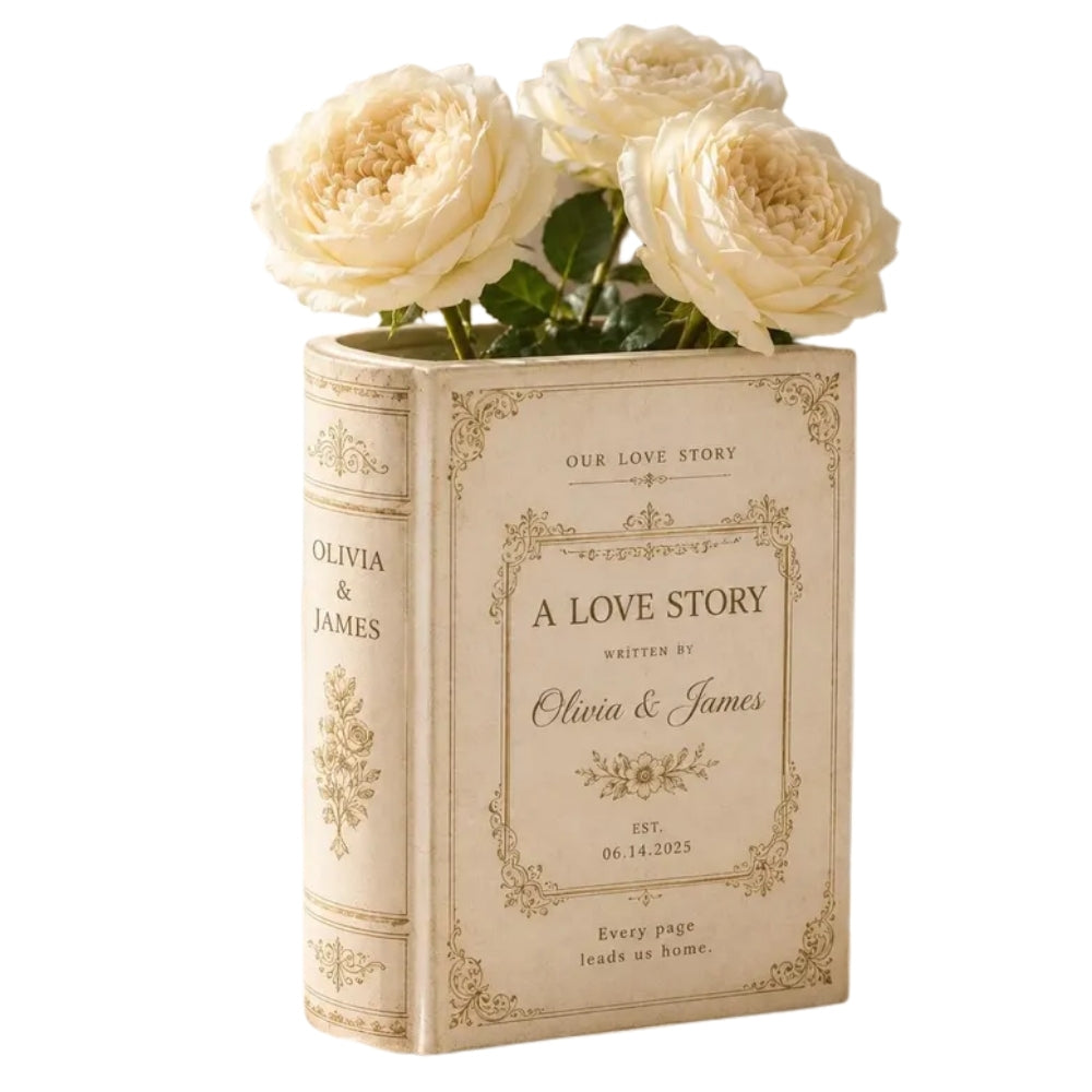 A Love Story Written By Couple Name Persoanlized Ceramic Book Vase, Custom Wedding Vase For Bridal Shower WD0364