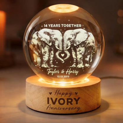 Custom 14 Years Together Ivory Wedding Anniversary Crystal Ball Night Light, Custom 14th Anniversary Ivory Night Light For Him Her WD0013