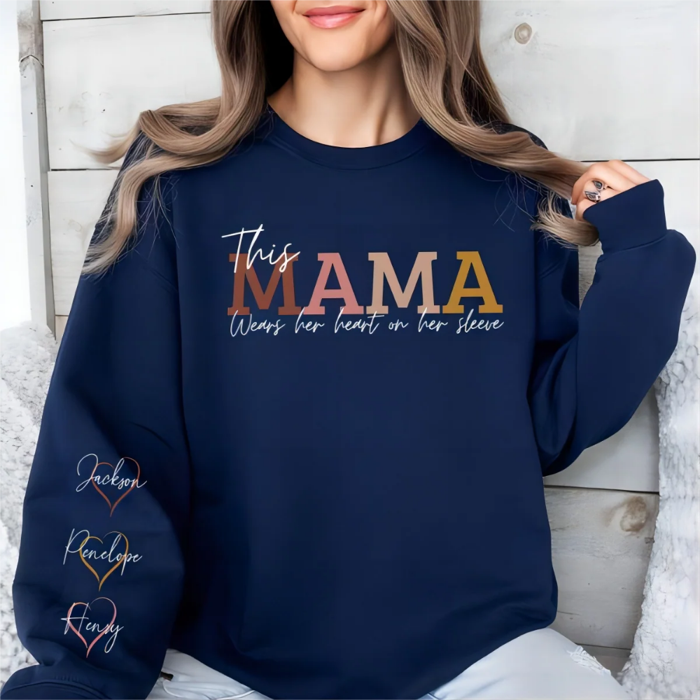 This Mama Wears Her Heart On Her Sleeve Custom Kids Names Sweatshirt For Mom, Personalized Mama Sweatshirt 2D1010