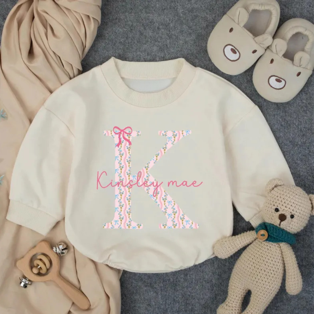 Custom Monogrammed Name Floral Baby Romper Sweatshirt, Personalized Name Romper Sweatshirt For Baby BB0591