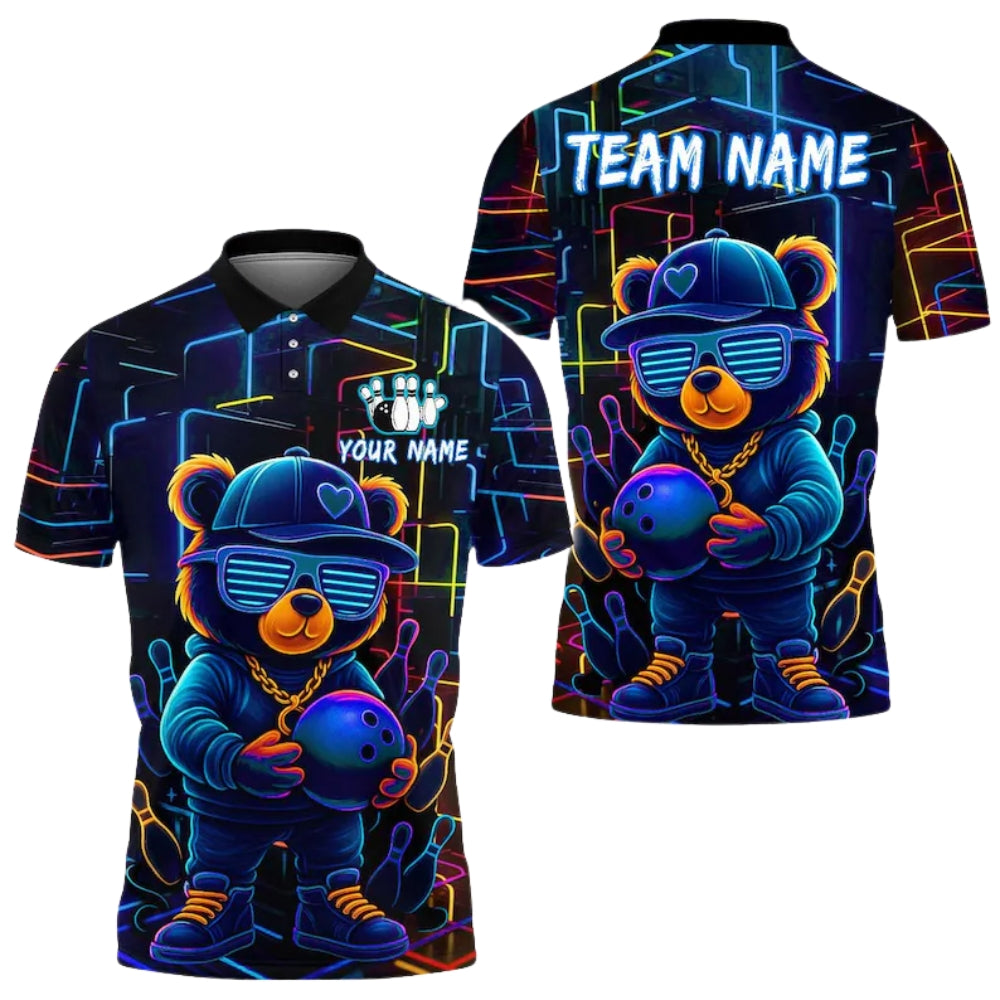Custom Teddy Bear Neon Graffiti Bowling Polo Shirt For Men, Custom Bear Bowling Team Shirts BE0145