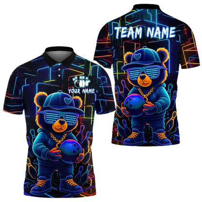 Custom Teddy Bear Neon Graffiti Bowling Polo Shirt For Men, Custom Bear Bowling Team Shirts BE0145