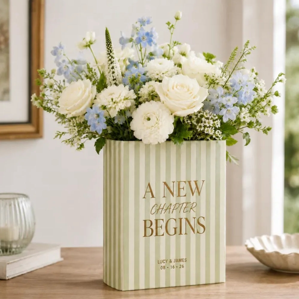 A New Chapter Begin Custom Green Striped Ceramic Book Vase, Personalized Engaged Wedding Keepsake Book Vase WD0985