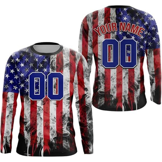 Custom Amrican Flag Smoke Long Sleeve Dirt Bike Shirt For Men, Custom Patriotic Dirt Bike Shirts MZ0019
