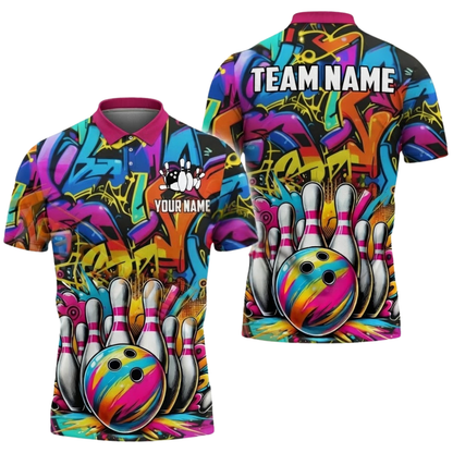 Custom Team Graffiti Multicolor Bowling Polo Shirt For Mens, Custom Bowling Team Shirts Colorfull BZ0587