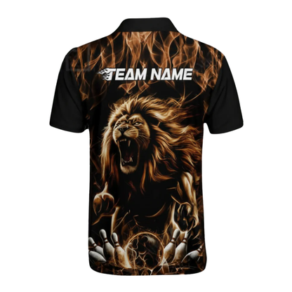 Custom Lion Flaming Black And Yellow Bowling Mens Polo Shirt, Custom Lion Team Bowling Shirts BZ0482