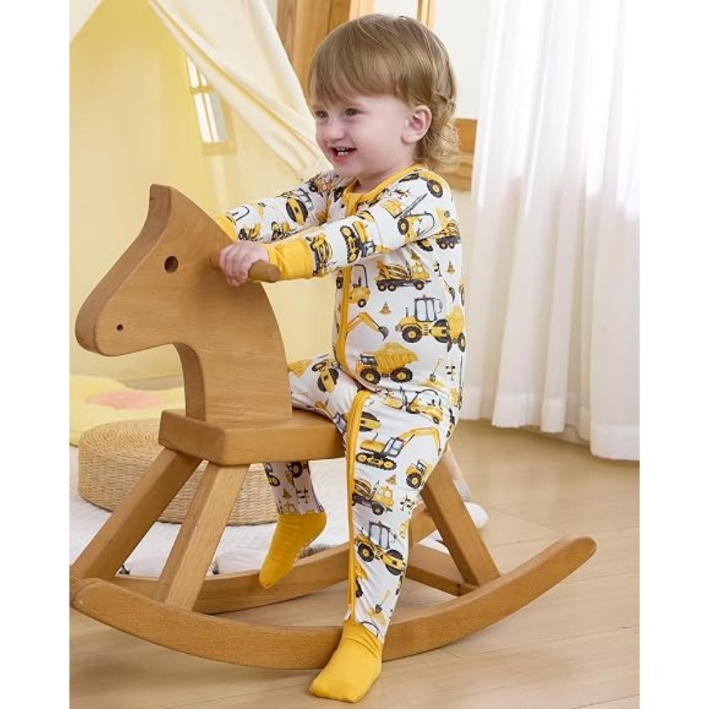 Excavator Yellow Baby Boy Convertible Zippy Romper, Excavator Lover Convertible Romper For Baby BB0360