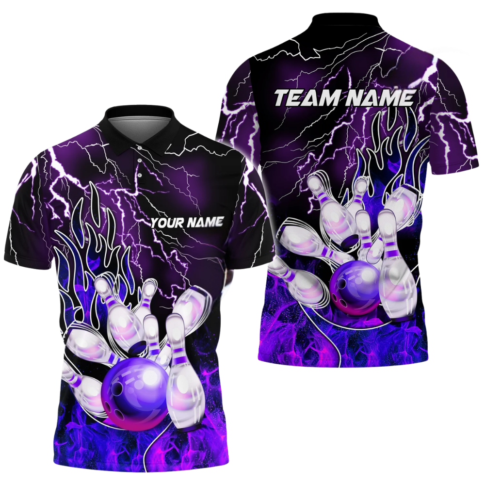 Custom Purple Flame Bowling Polo Shirt Mens, Custom Team Flame Bowling Shirts BZ0759